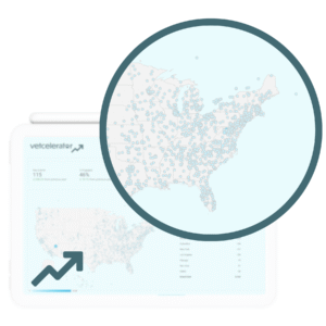 Magnifying glass over a map of the USA showing numerous data points on a digital Markeing display.