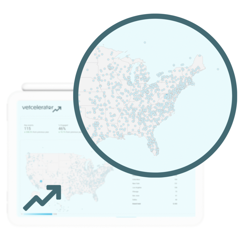 Magnifying glass over a map of the USA showing numerous data points on a digital display.