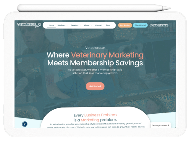 Digital tablet displaying the homepage of a veterinary marketing website.