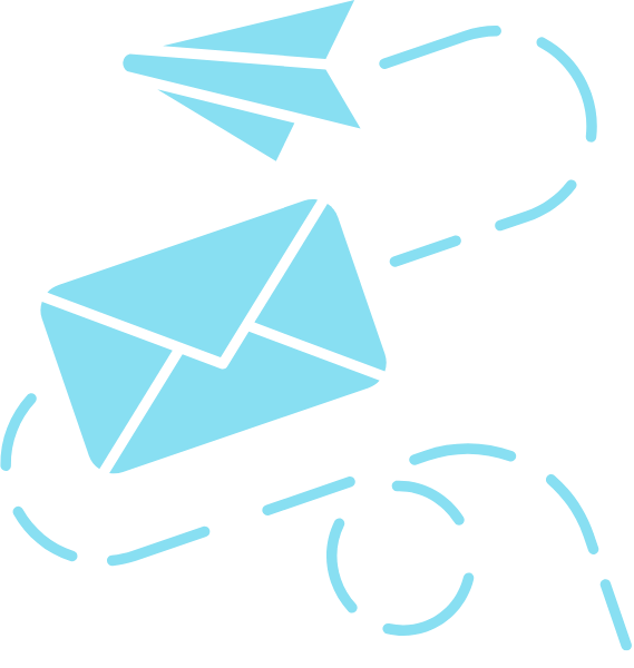 A blue paper airplane and envelope surrounded by motion lines.