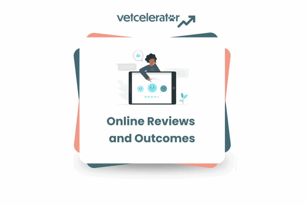 Illustration of a person managing online reviews on a digital display with smiley icons and stars.