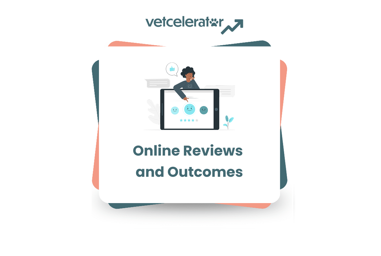 Illustration of a person managing online reviews on a digital display with smiley icons and stars.