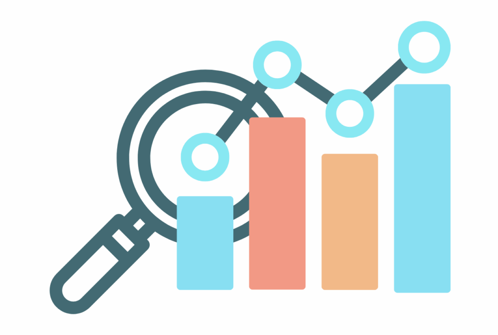 Bar graph with magnifying glass analyzing a trend line.