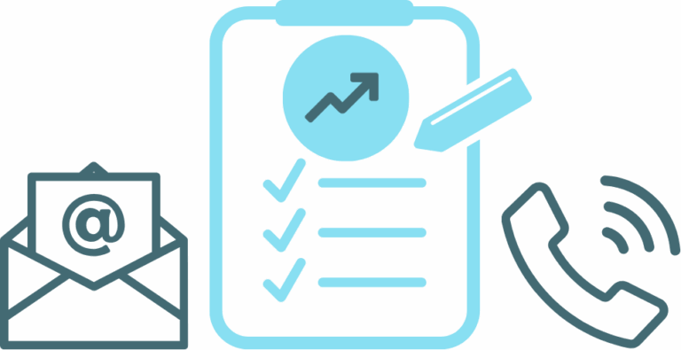 Clipboard with checklist, graph icon, email, and phone symbol.