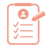 Icon of a hand holding a clipboard with text and a circular graphic.