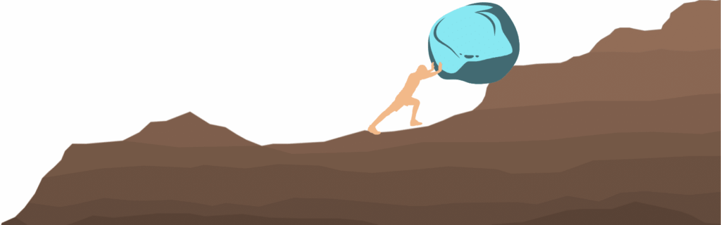 Person pushing a large blue stone up a brown hill.