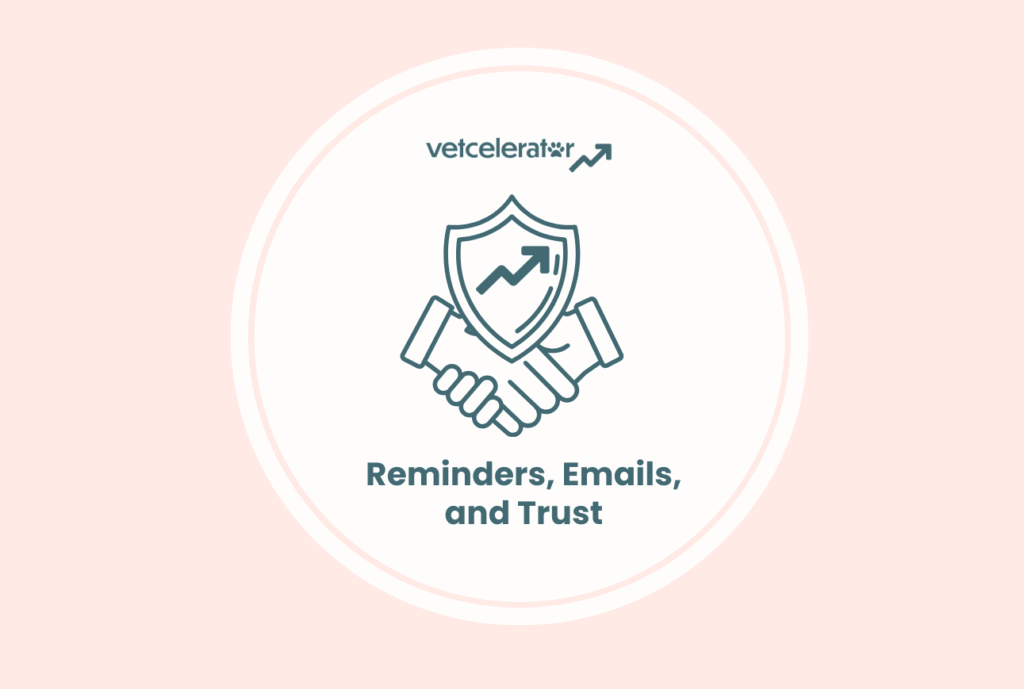 Logo featuring a handshake in front of a shield with a graph, below text reading "Reminders, Emails, and Trust."