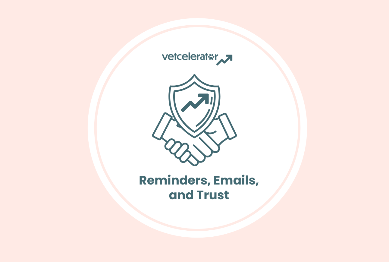 Logo featuring a handshake in front of a shield with a graph, below text reading "Reminders, Emails, and Trust."
