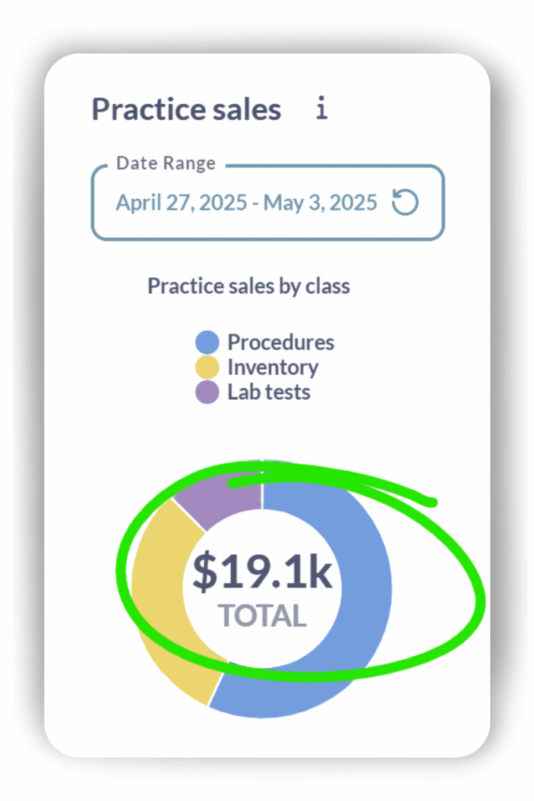 Graphic showing sales data with a pie chart totaling $19.1k highlighted by a green circle.