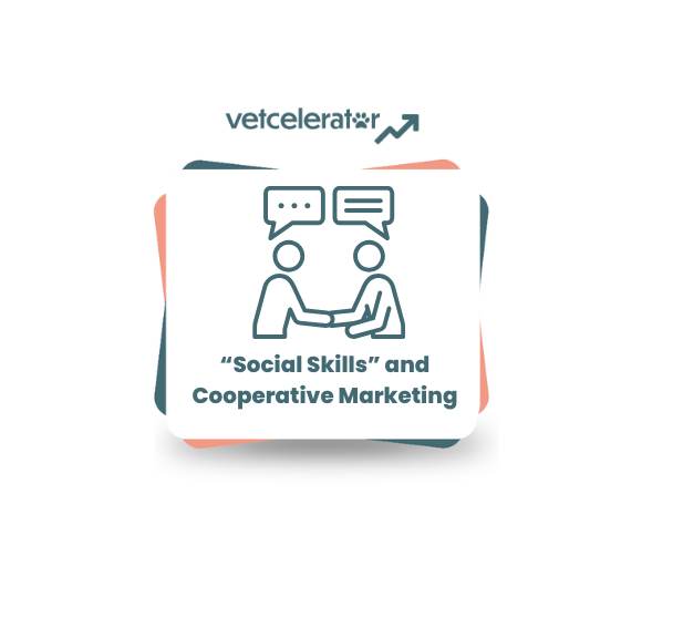 Icon of two people shaking hands with speech bubbles, titled "Social Skills and Cooperative Marketing."