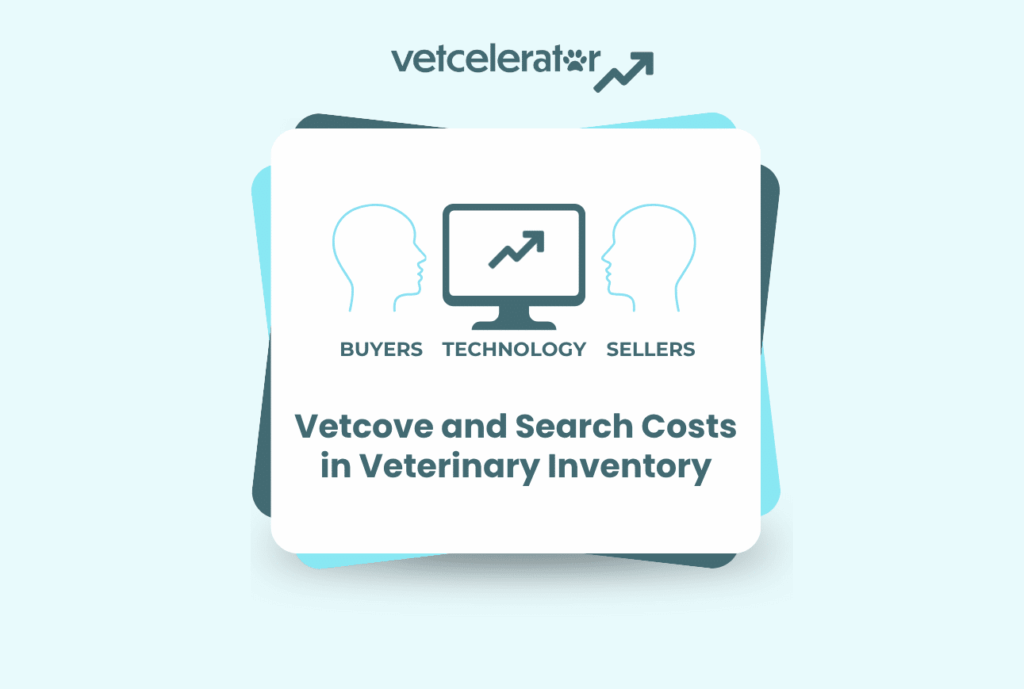 Slide featuring a computer monitor between two profile silhouettes titled "Vetcove and Search Costs in Veterinary Inventory."