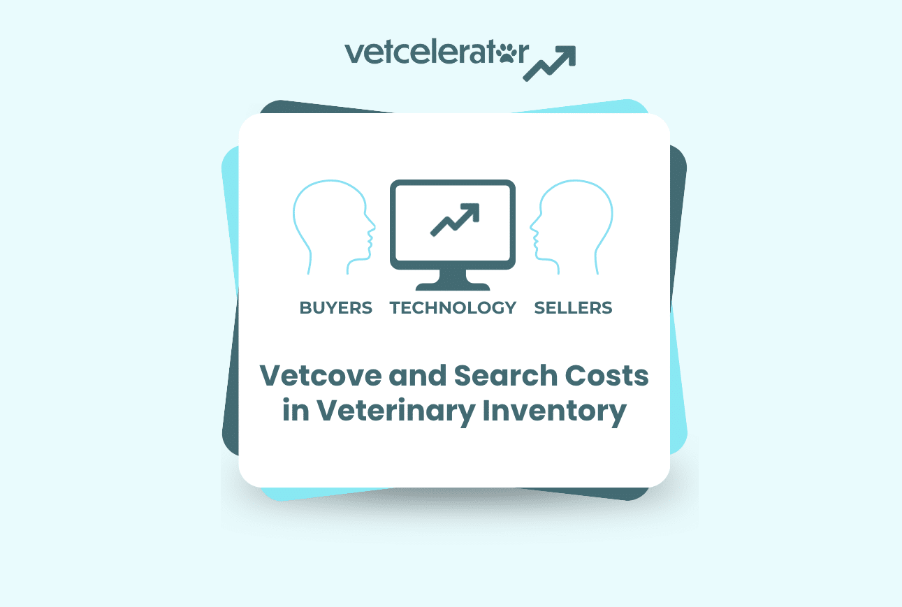 Slide featuring a computer monitor between two profile silhouettes titled "Vetcove and Search Costs in Veterinary Inventory."
