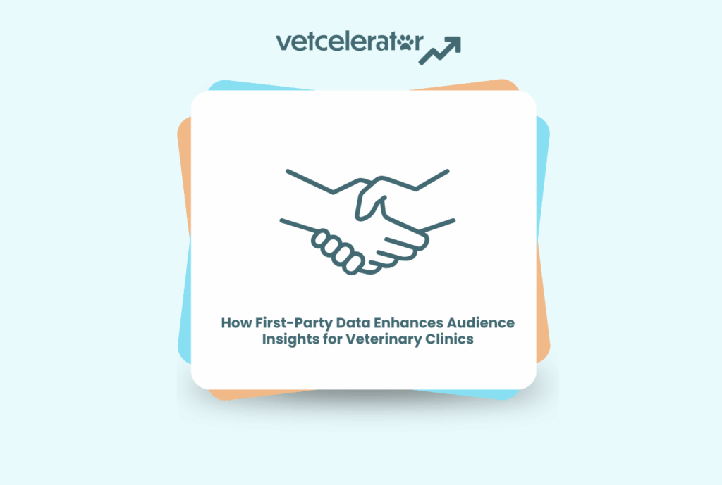 Icon of two hands shaking above a text about data for veterinary clinics.