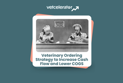 Two women in lab coats examining documents, with a title about veterinary ordering strategy.