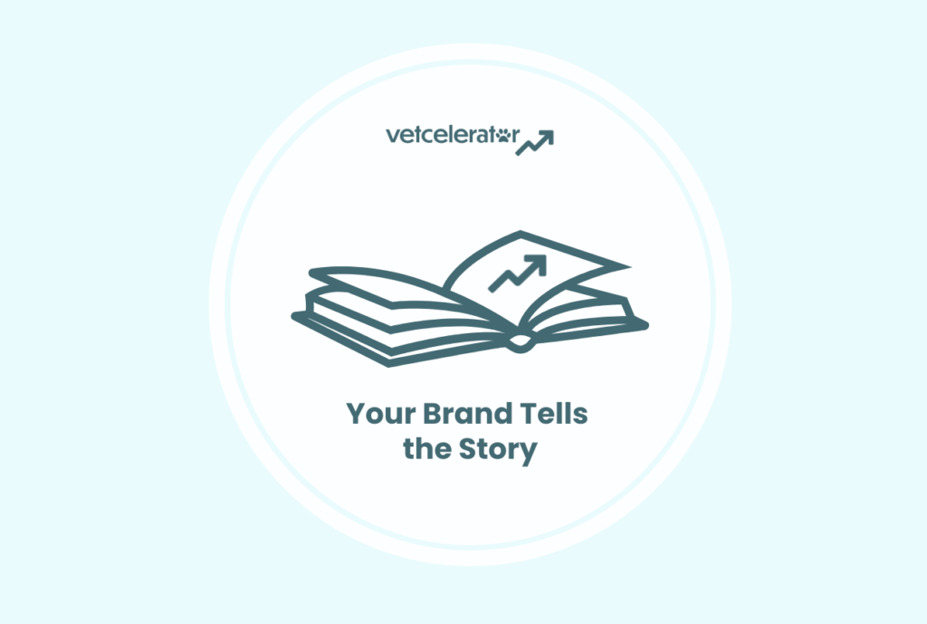 An open book with a rising arrow icon on the page and text saying "Your Brand Tells the Story."