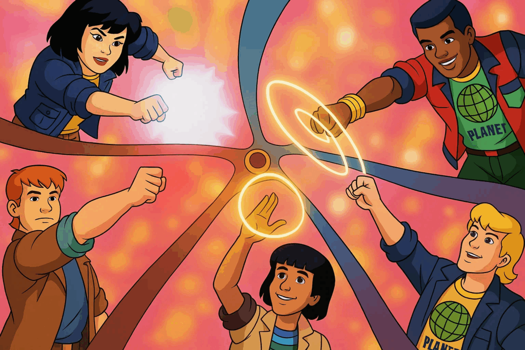 Five animated characters performing a teamwork gesture in a colorful, energetic setting.