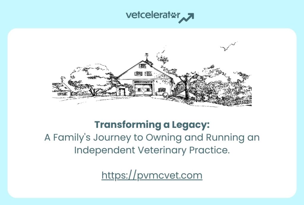 Illustration of a rural veterinary clinic with surrounding trees and birds flying overhead.