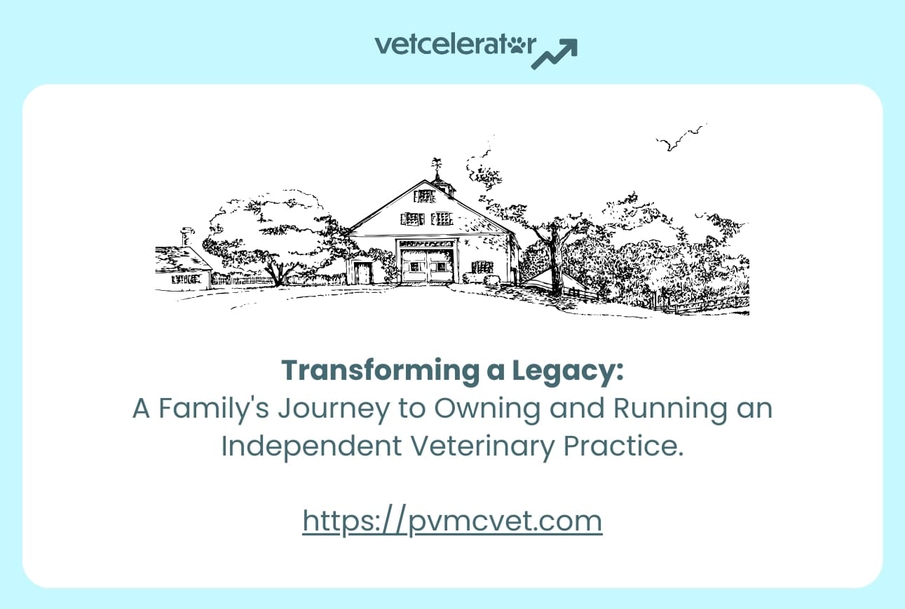 Illustration of a rural veterinary clinic with surrounding trees and birds flying overhead.