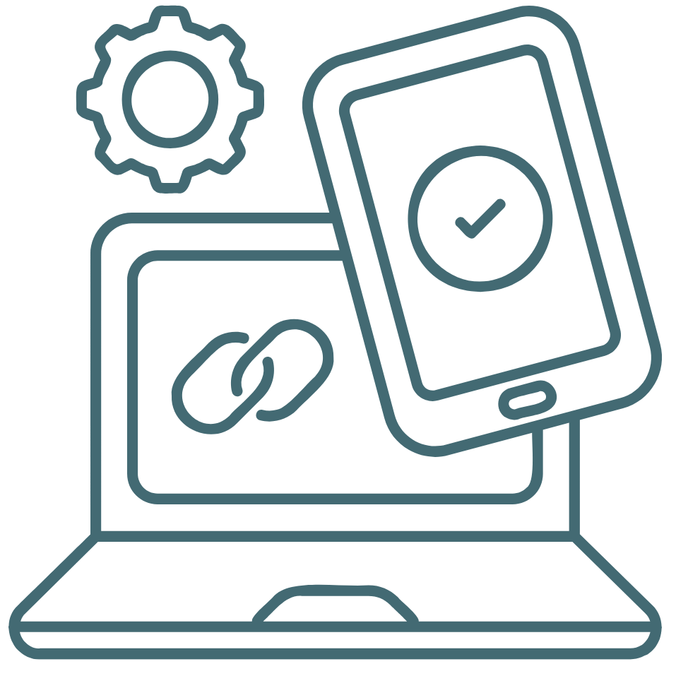 Line drawing of a laptop connected to a mobile device with a checkmark on the screen.