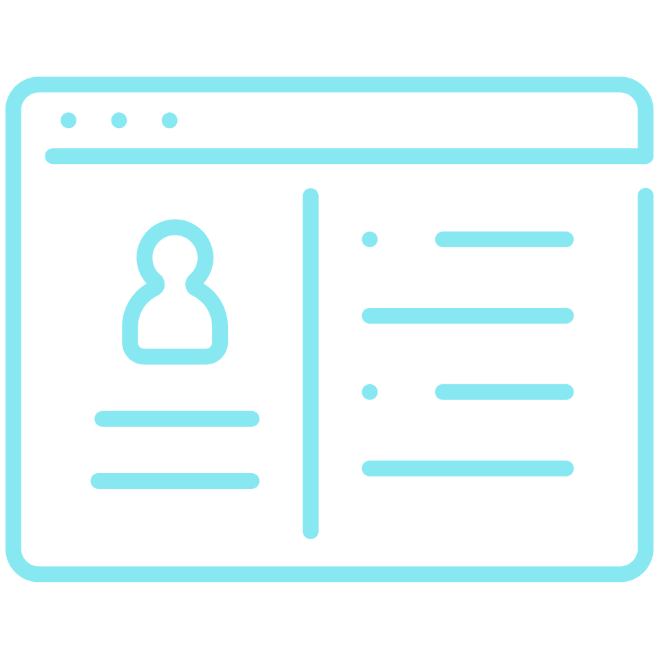 Blue icon of a web browser displaying a user profile and text lines.