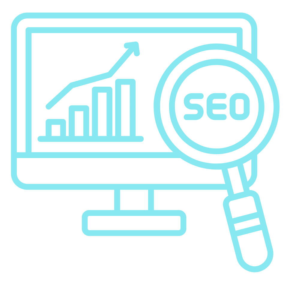 "Computer monitor displaying a bar chart with an upward trend and an SEO magnifying glass."