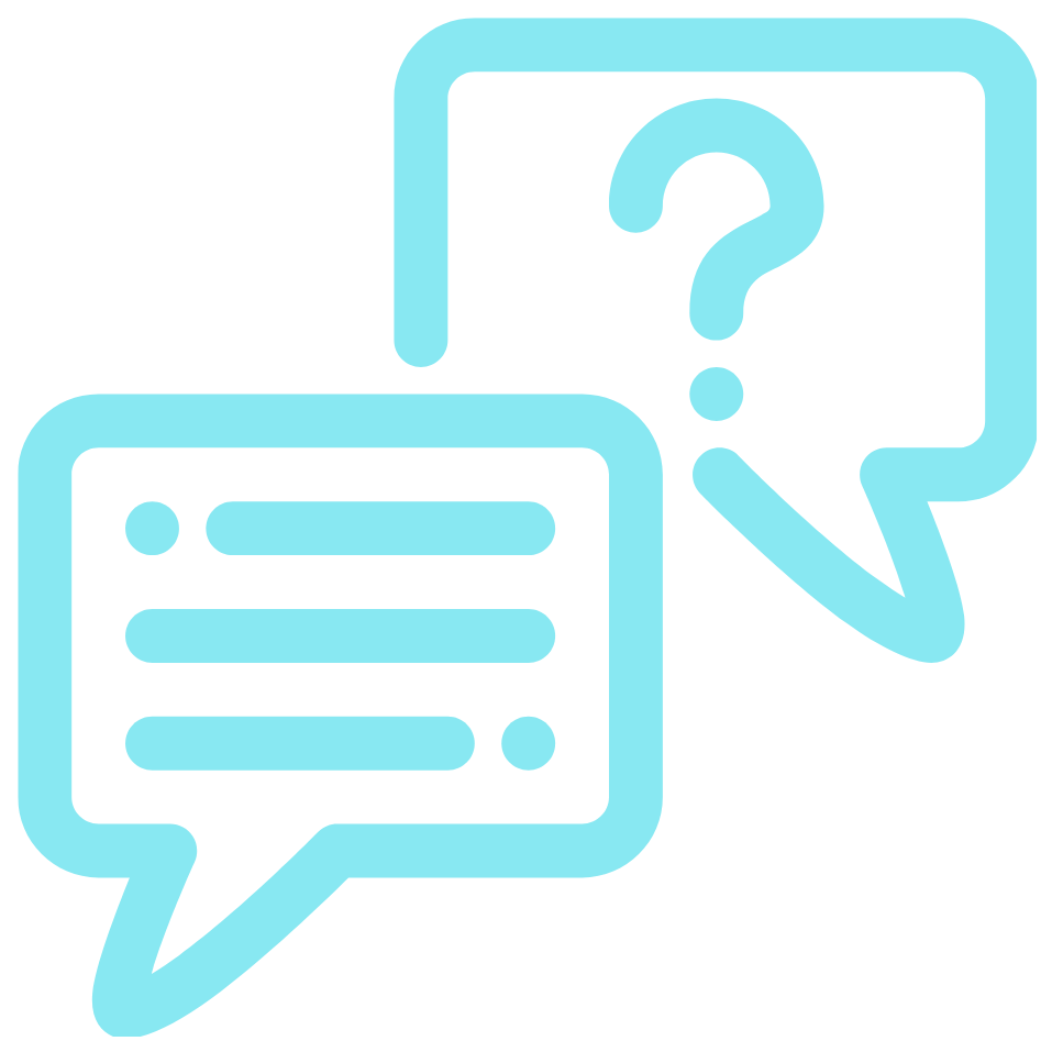 Two teal speech bubbles, one with a question mark and the other with text lines.