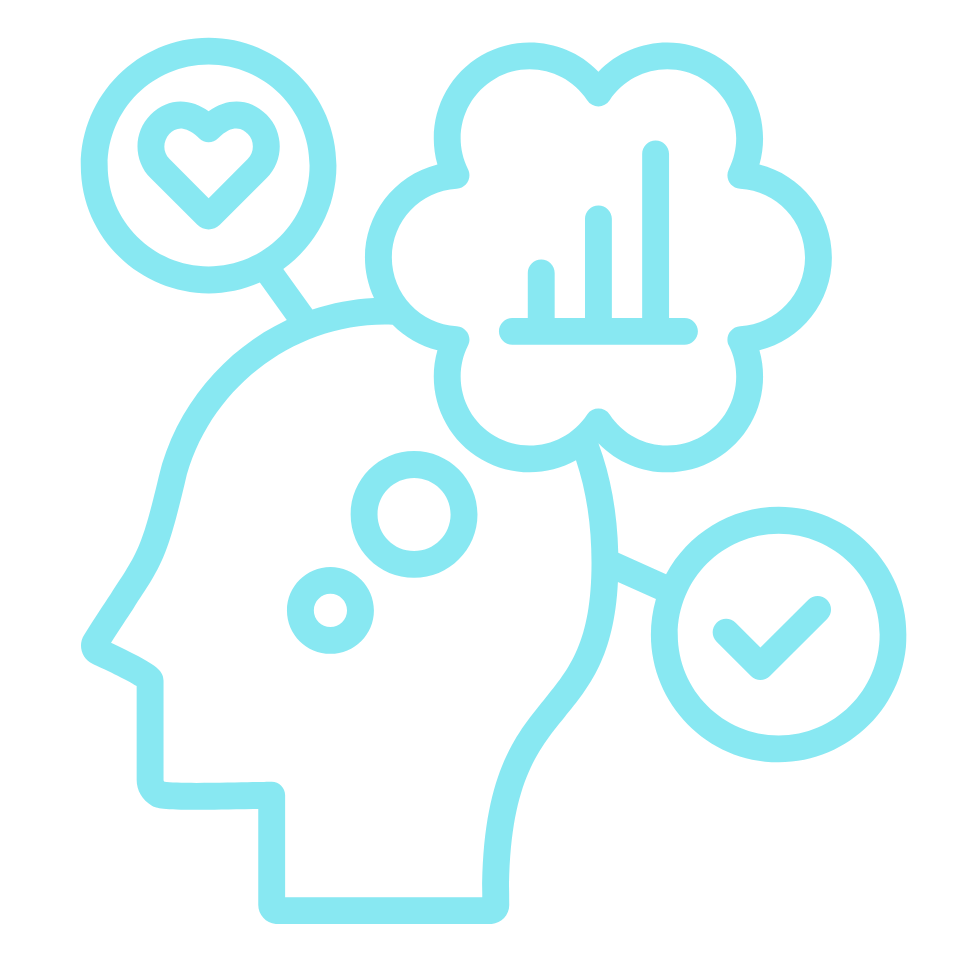 Icon of a human head with lines connecting to symbols of a heart, a checkmark, and a bar chart within clouds.