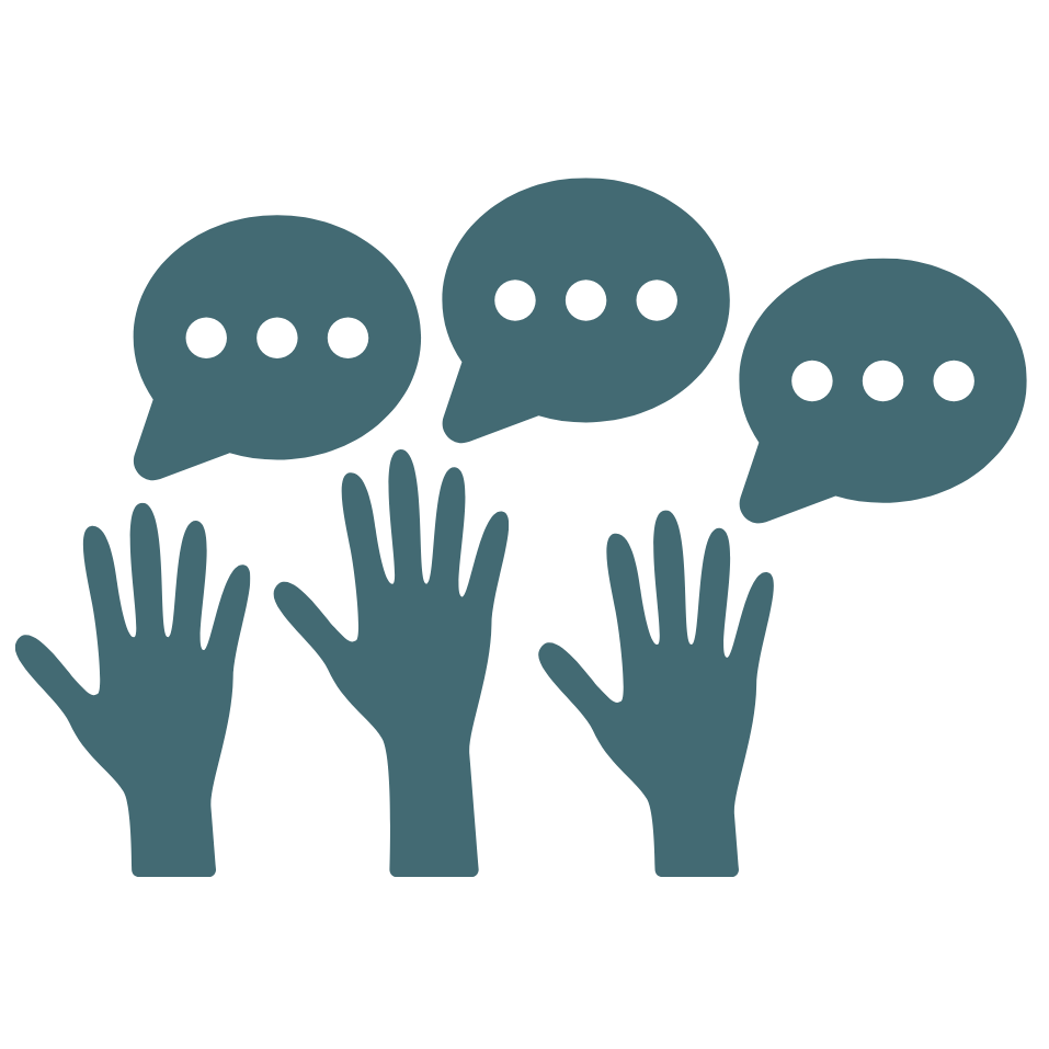 Three raised hands and three speech bubbles in teal against a dark background.