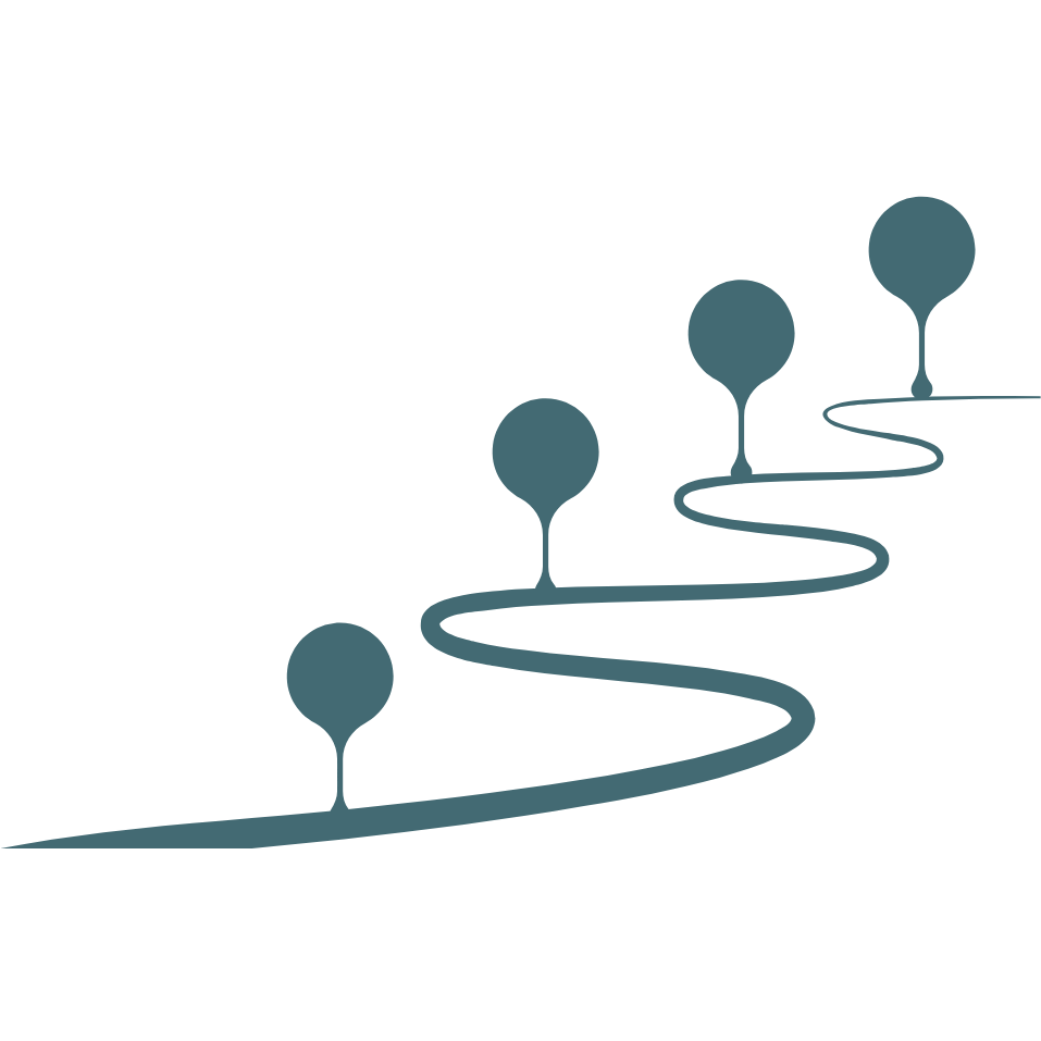 Five stylized trees on a wavy path over a solid dark background.