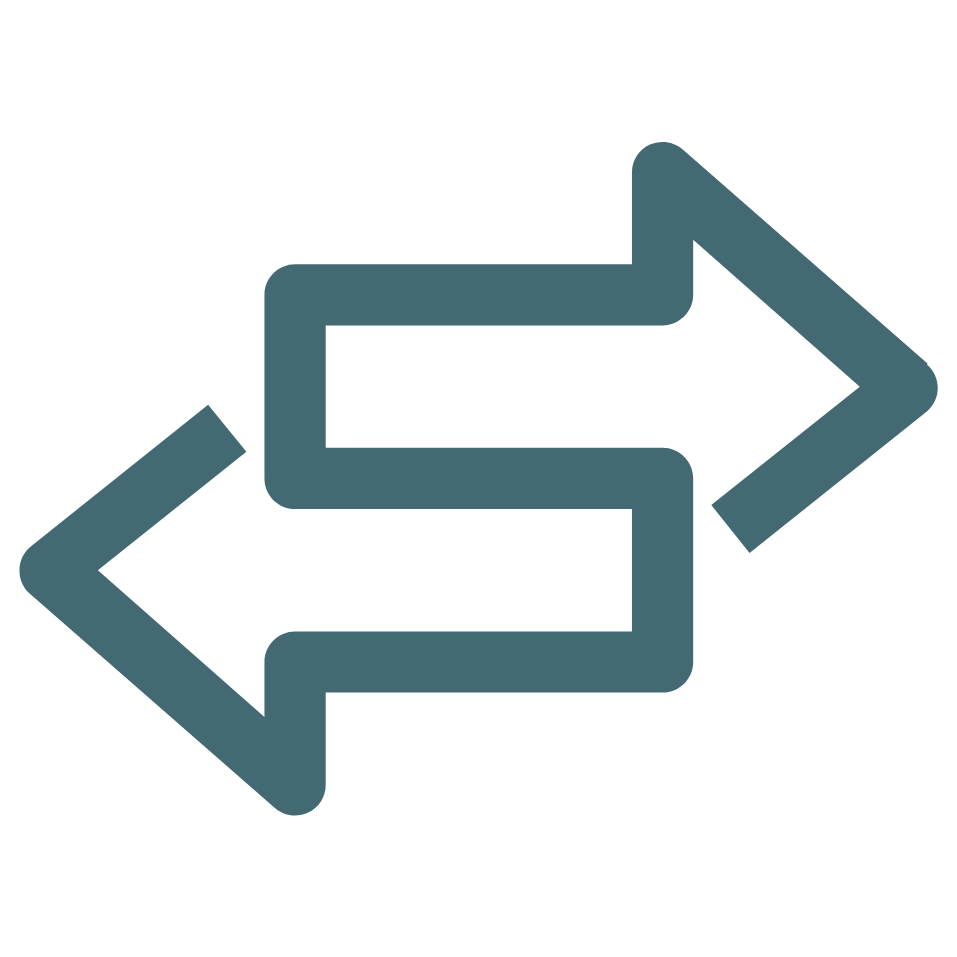 Two overlapping arrows, one pointing right and the other left, in teal color.
