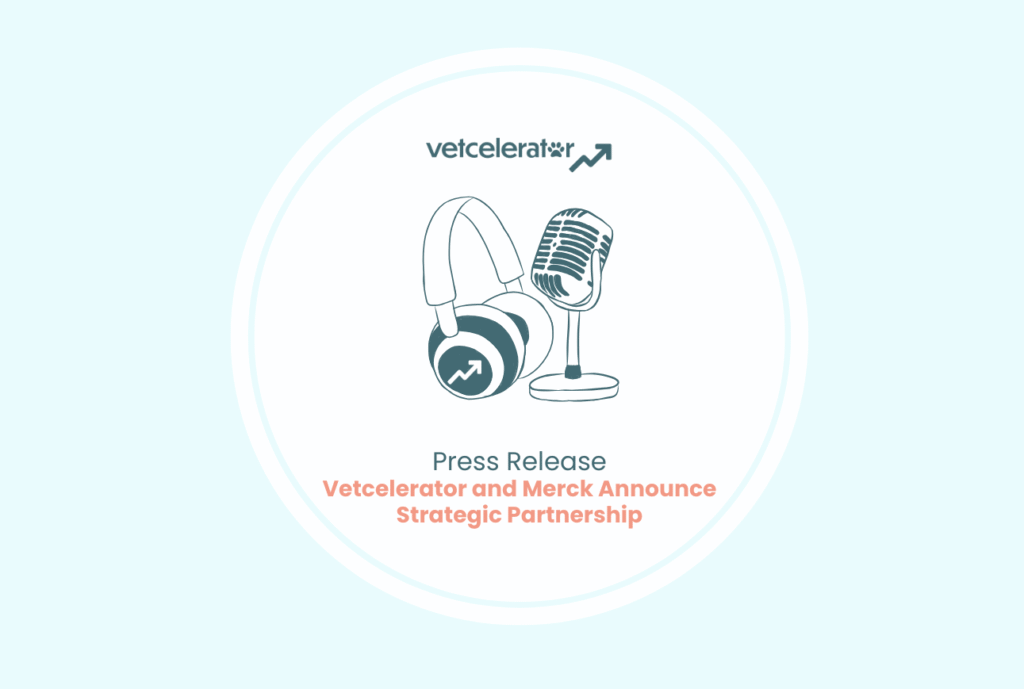 Headphones and microphone with text about Vetcelerator and Merck's partnership.