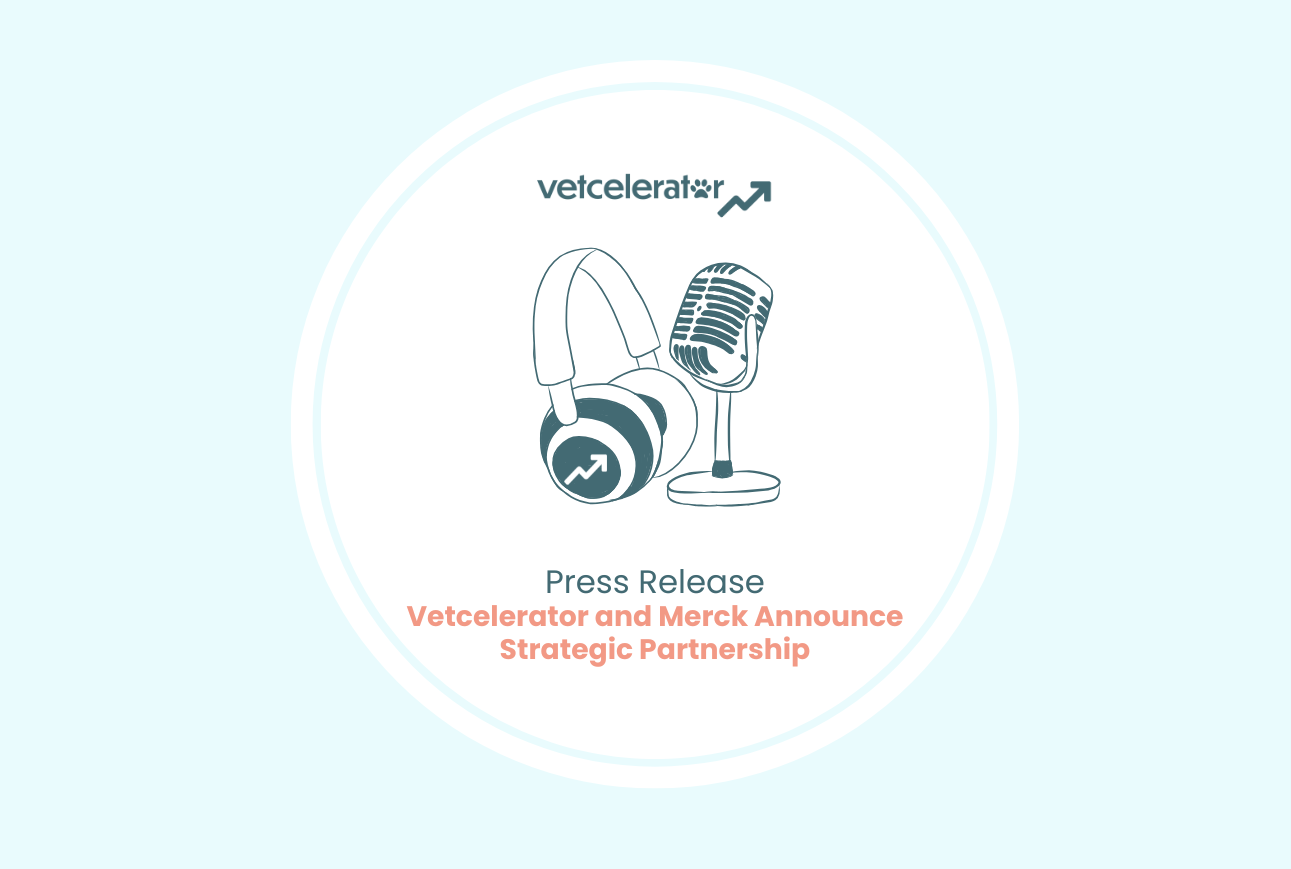 Headphones and microphone with text about Vetcelerator and Merck's partnership.