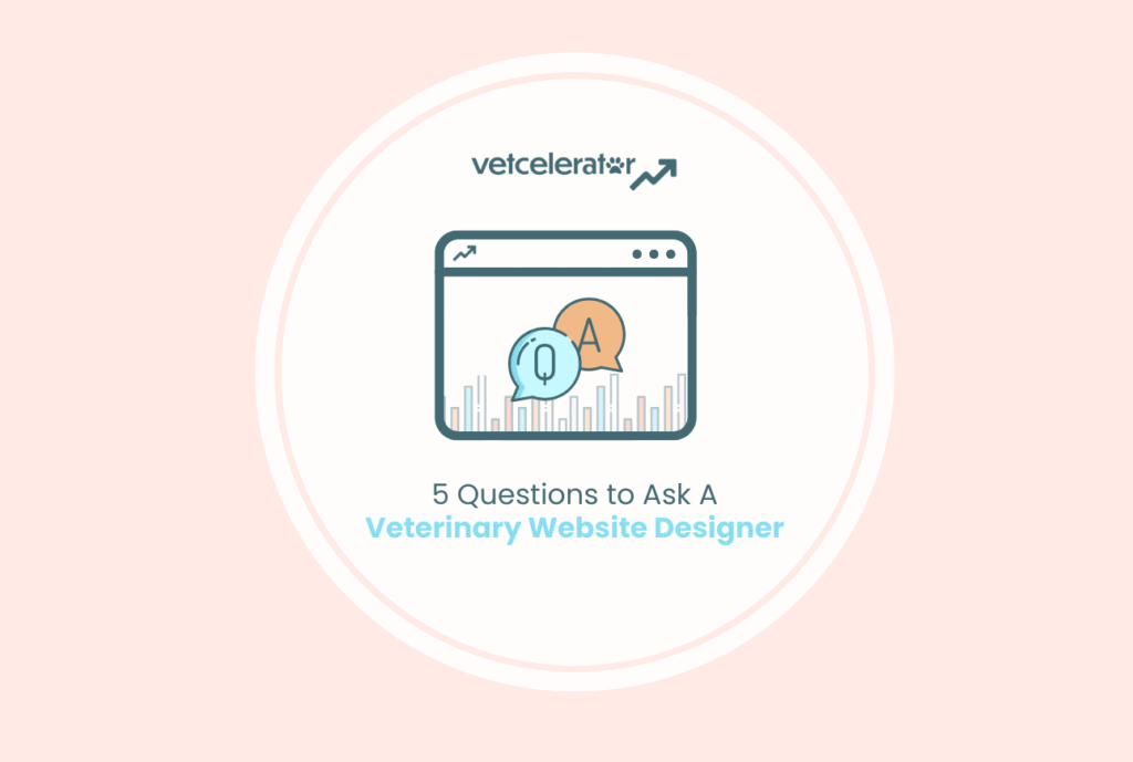 Illustration of a computer screen with speech bubbles and graphs, advertising a guide on hiring a veterinary website designer.
