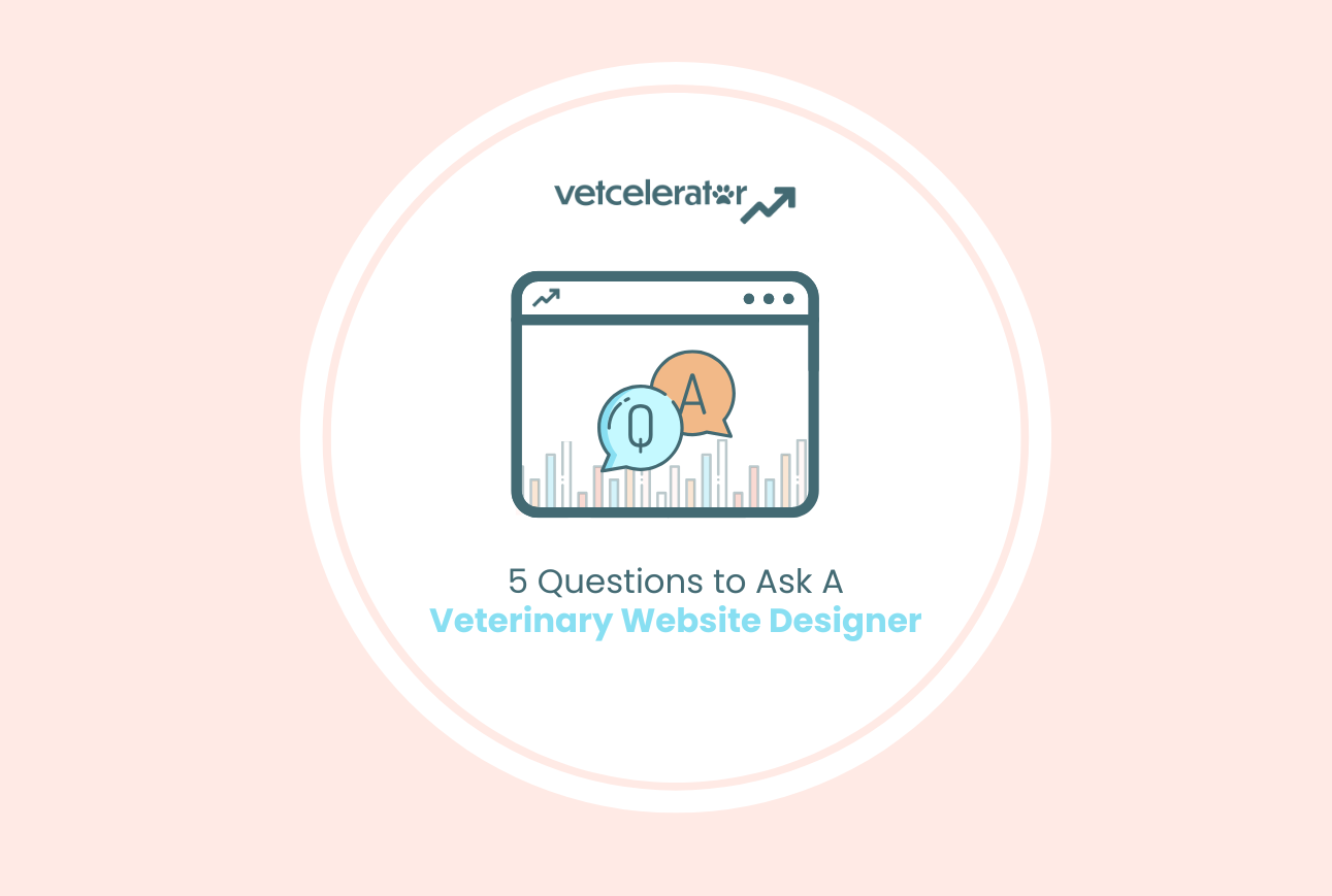Illustration of a computer screen with speech bubbles and graphs, advertising a guide on hiring a veterinary website designer.