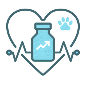 A heart and heartbeat line surrounding a vial with a growth chart inside, and a paw print.