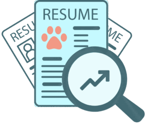 Resume papers with a magnifying glass highlighting a growth graph icon.