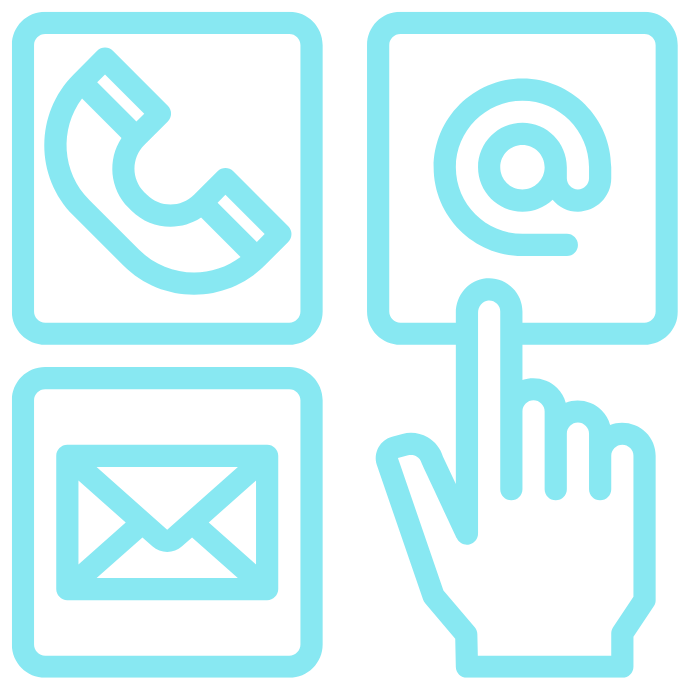 Icons for phone, email, and clicking interactions in line art style.