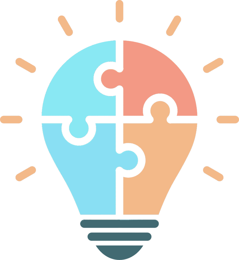Multicolored puzzle pieces forming a light bulb with glowing rays.