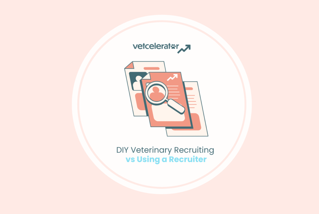 Illustration comparing DIY veterinary recruiting to using a recruiter, featuring documents and a magnifying glass.