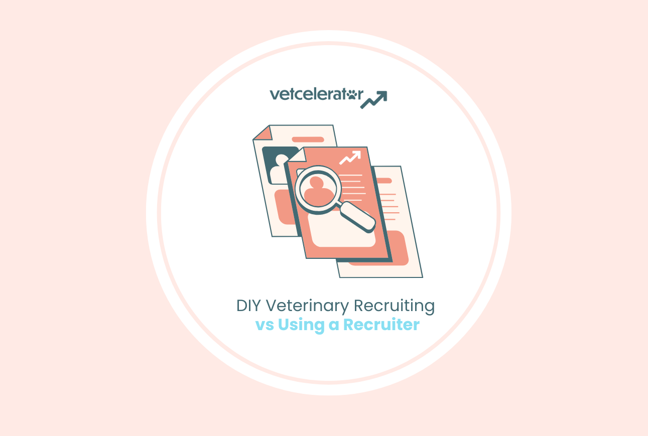 Illustration comparing DIY veterinary recruiting to using a recruiter, featuring documents and a magnifying glass.