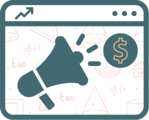 Megaphone with a dollar sign in a web browser window, with mathematical background.
