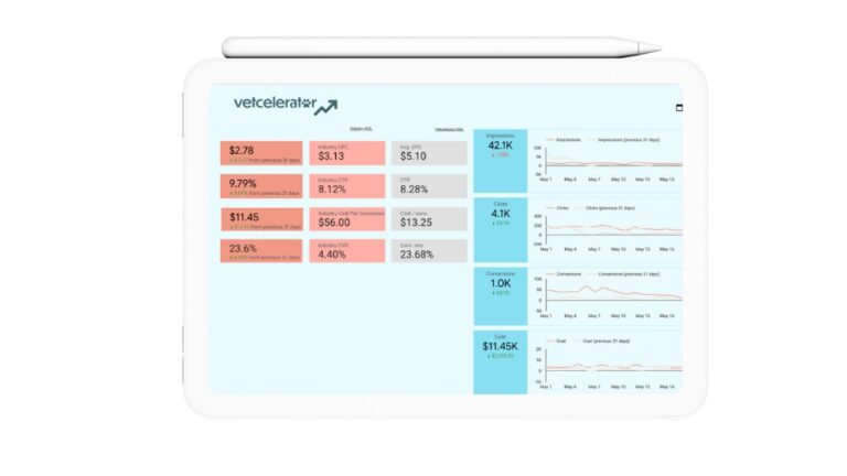 Vetcelerator dashboard illustration showing veterinary marketing performance metrics and data insights