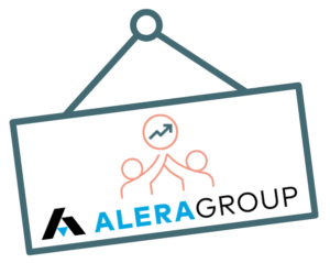 A sign featuring the logo of Alera Group with three stylized people and an arrow icon.