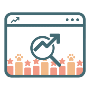 Graph icon with magnifying glass and veterinary SEO growth symbols including stars and paw prints