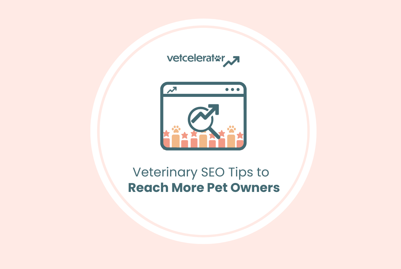 Vetcelerator graphic titled “Veterinary SEO Tips to Reach More Pet Owners” with SEO chart and brand logo