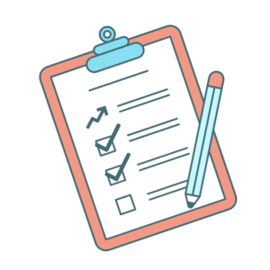 Clipboard with a checklist and a blue pen attached.