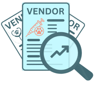 Illustration of vendor documents and a magnifying glass focusing on an analytics graph.
