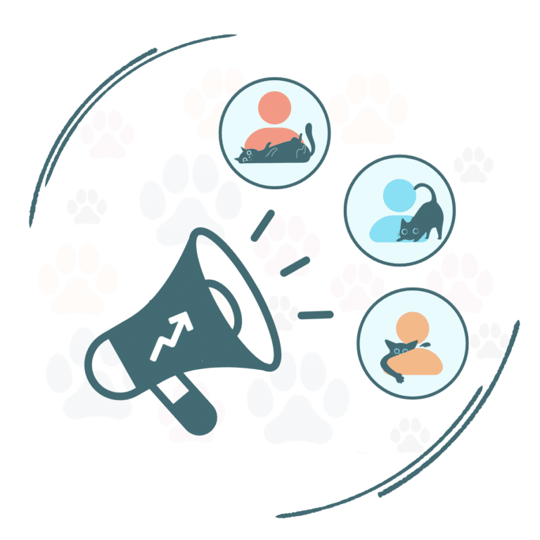 Illustration of cat themed icons, including paw prints and playful cat silhouettes inside circles.