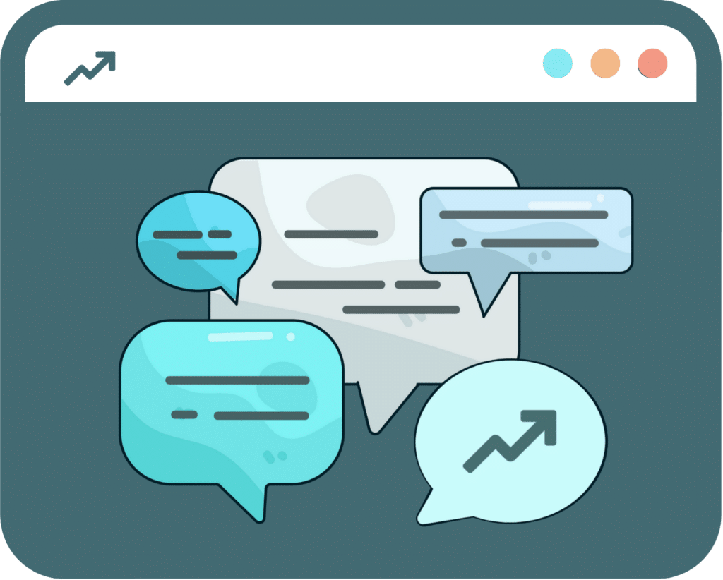 Several colorful chat bubbles with icons and text lines on a dark background.