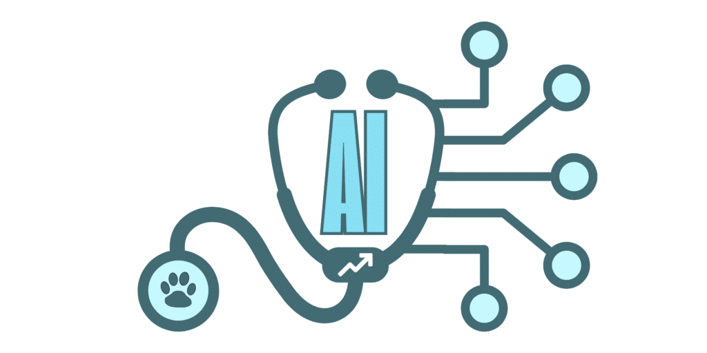 Artificial intelligence graphic with veterinary stethoscope and connected data nodes representing AI for veterinary marketing